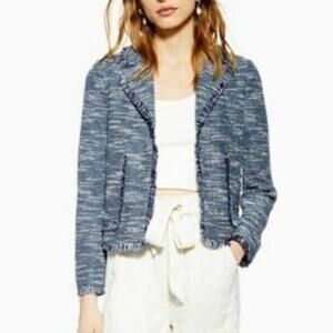 Topshop Women's Navy Open Front Fringe Jersey Boucle Jacket w/ Pockets sz 4